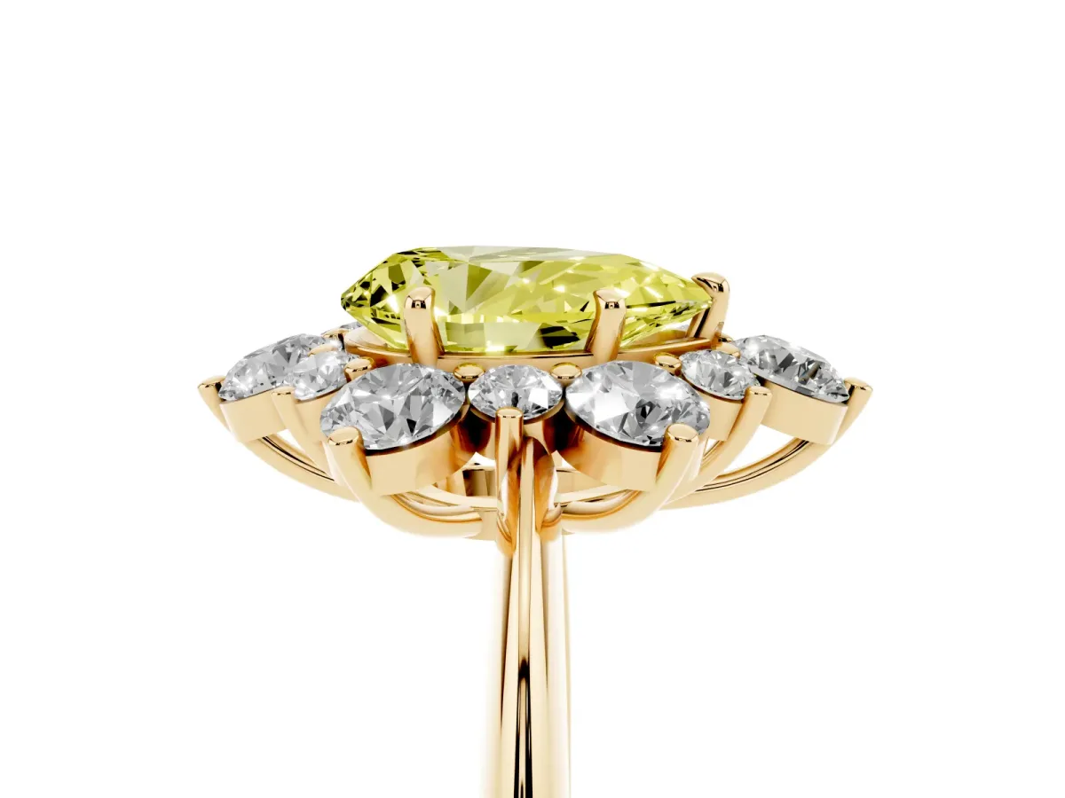 Fancy Yellow Pear Cut Diamond Cluster Halo Ring with Solitaire Band and Four-Prong Setting Yellow gold