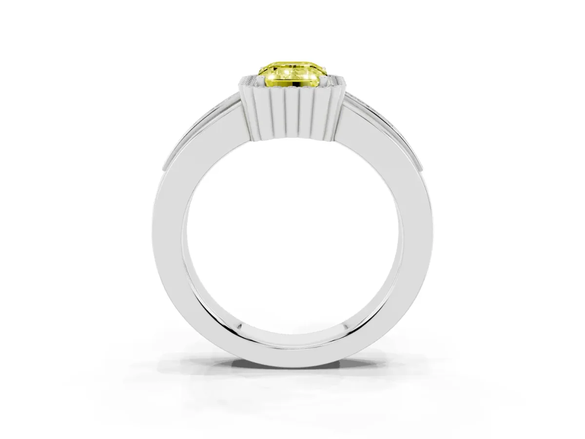 Fancy Yellow Emerald Cut Cut Halo Pave Band Four-Prong Ring Silver