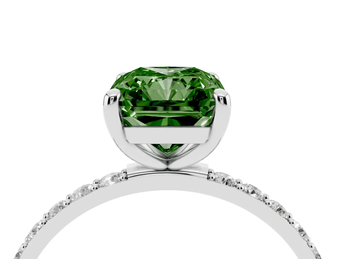 Fancy Green Radiant Cut Diamond Solitaire Ring with Round Pavé Band and Prong Setting Silver