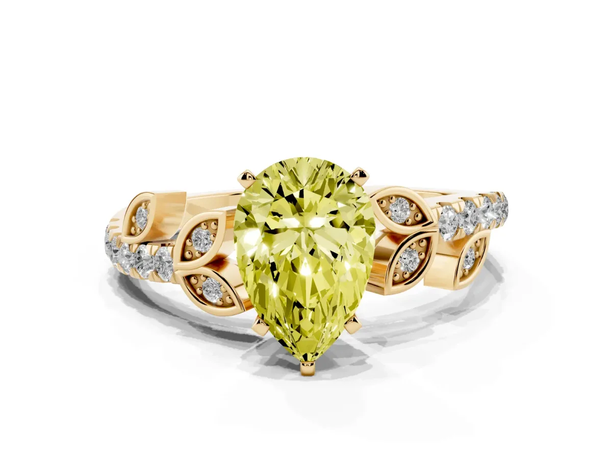 Fancy Yellow Pear Cut Solitaire Leaf-Inspired Diamond Ring with Pavé Band and Four-Prong Setting Yellow gold