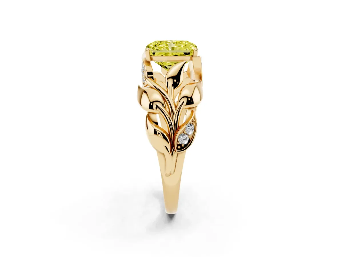 Fancy Yellow Radiant Cut Diamond Leaf-Inspired Engagement Ring with Round Accents and Prong Setting Yellow gold