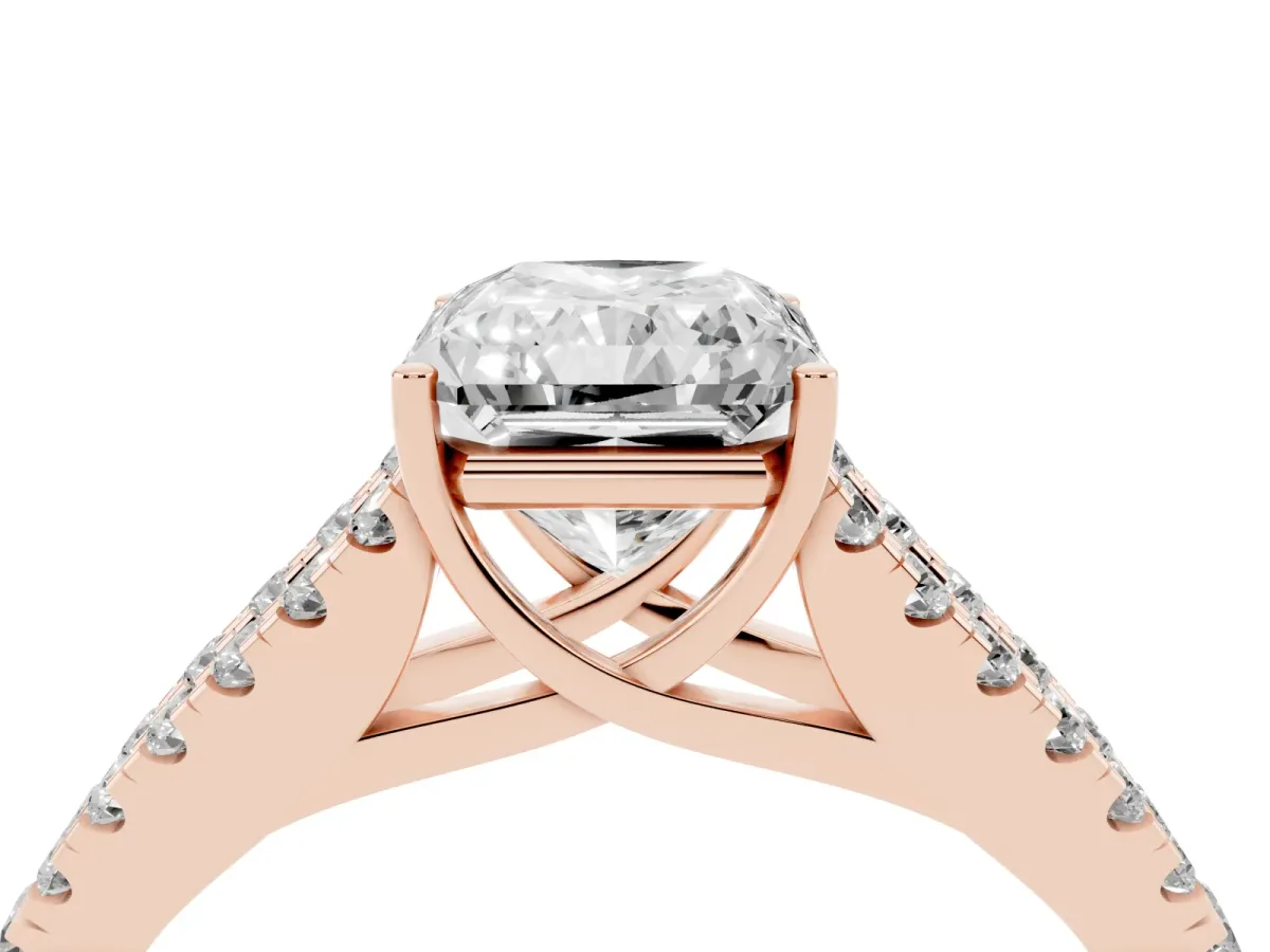 Radiant Cut Diamond Split Shank Pavé Engagement Ring with Four-Prong Setting Rose gold