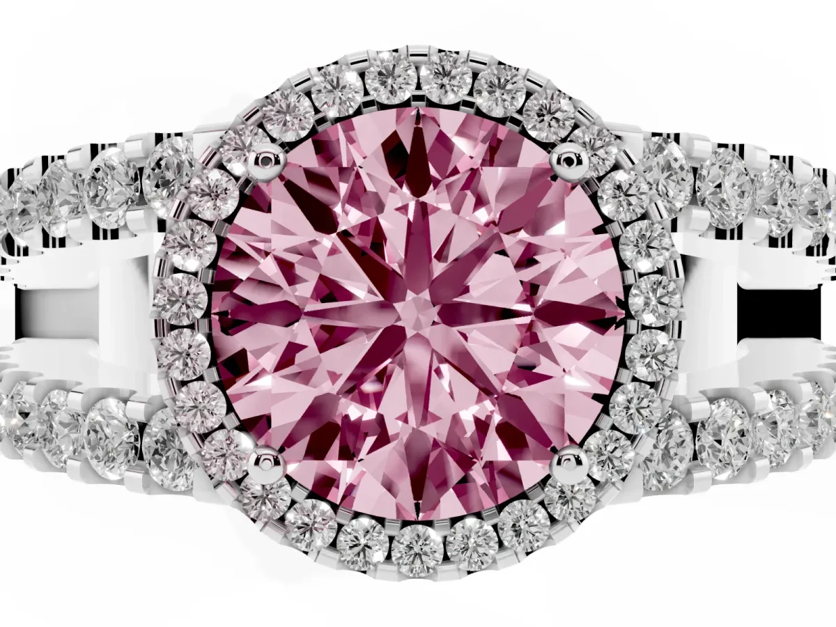 Fancy Pink Round Cut Cut Halo Split Shank Diamond Ring with Four-Prong Setting Silver