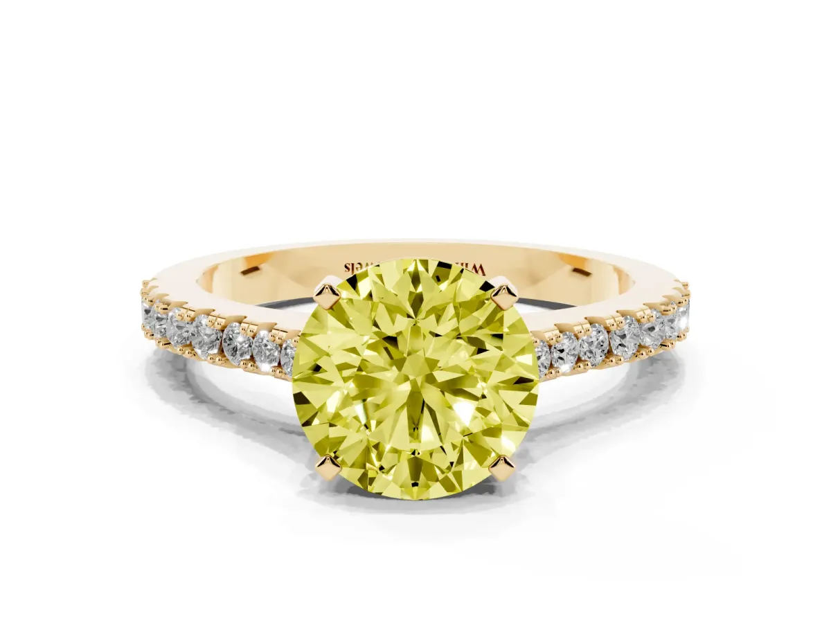Fancy Yellow Round Cut Cut Solitaire Diamond Engagement Ring with Pave Band and Four-Prong Setting Yellow gold