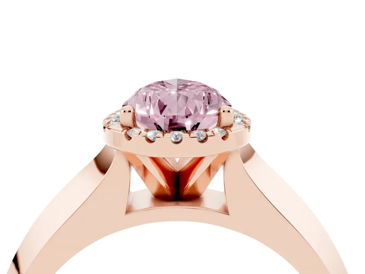 Fancy Pink Pear Cut Halo Diamond Ring with Cathedral Band and Four-Prong Setting Rose gold