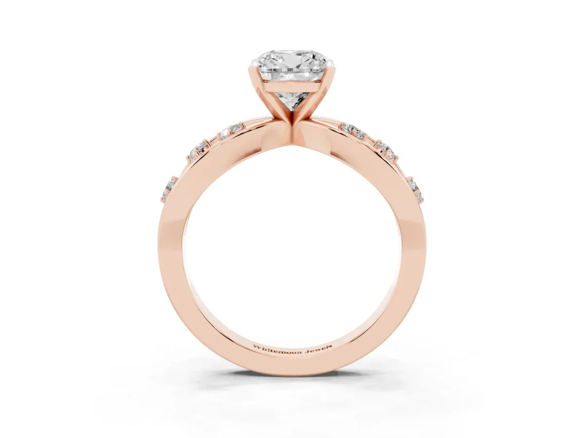 Cushion Cut Cut Solitaire Diamond with Side Stones on Criss-Cross Band and Four-Prong Setting Rose gold