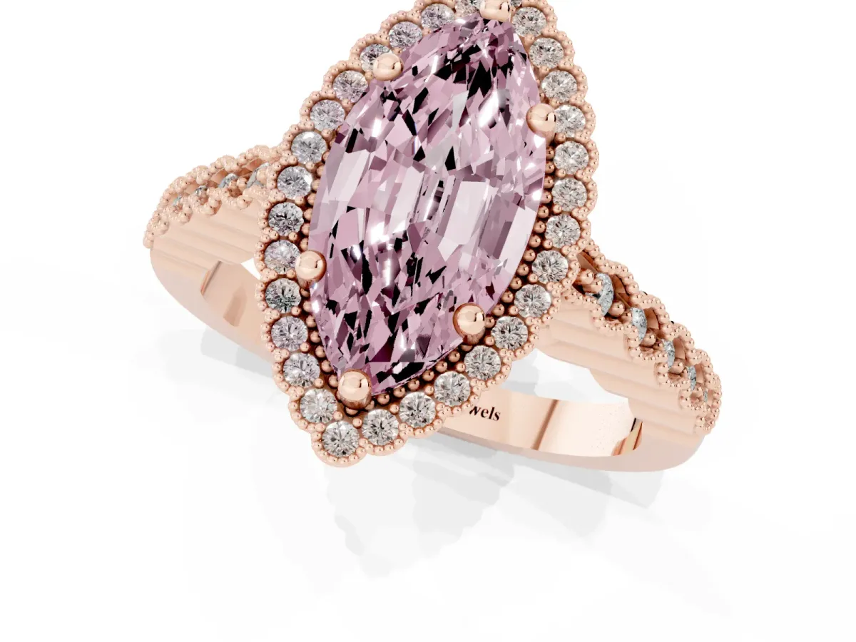 Fancy Pink Marquise Cut Cut Halo Pavé Solitaire Ring with Milgrain Band Rose gold