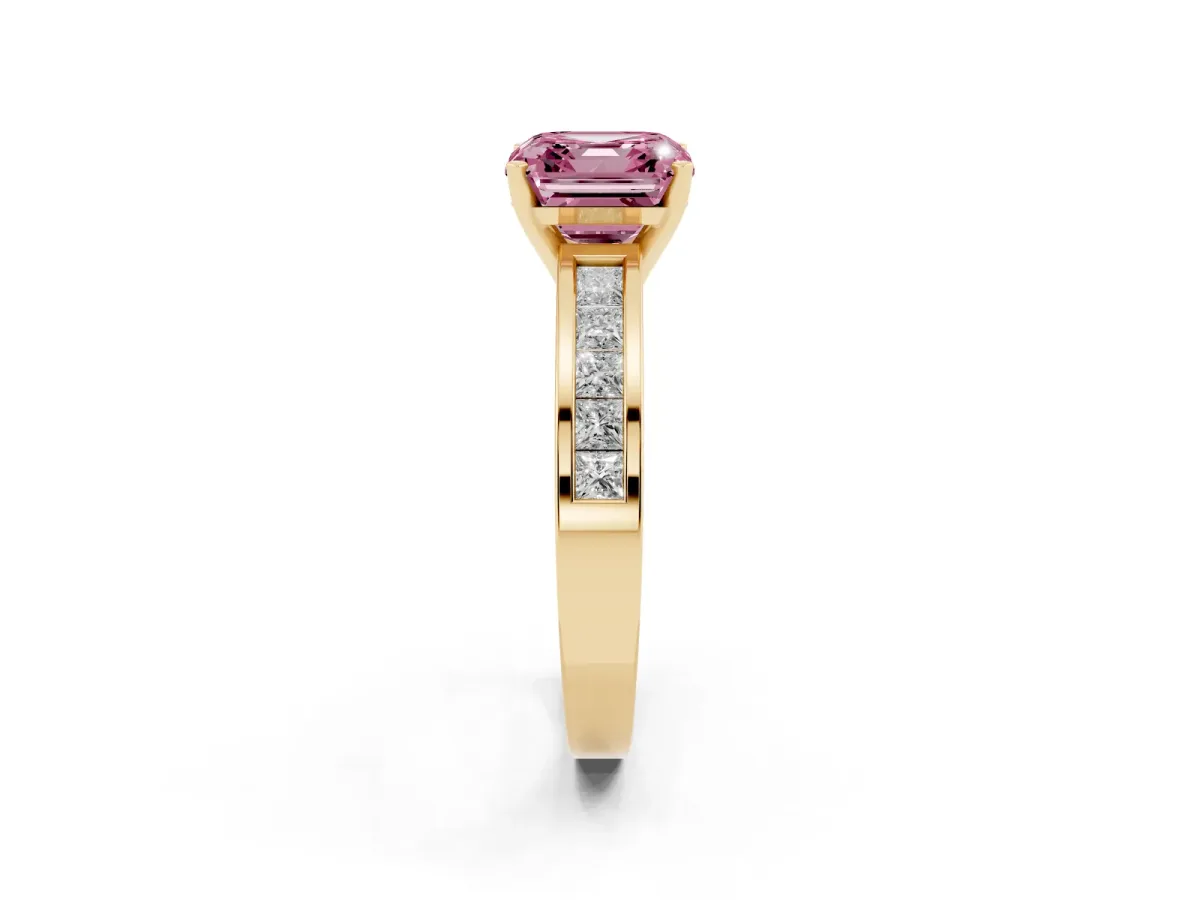 Fancy Pink Asscher Cut Solitaire Diamond Ring with Channel-Set Band and Four-Prong Setting Yellow gold