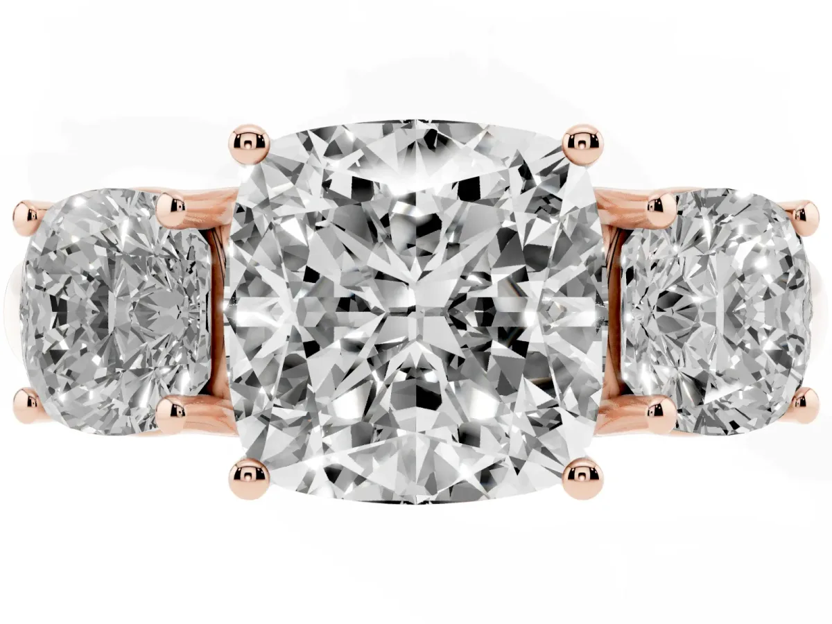 Three-Stone Cushion Cut Diamond Engagement Ring with Prong Setting Rose gold