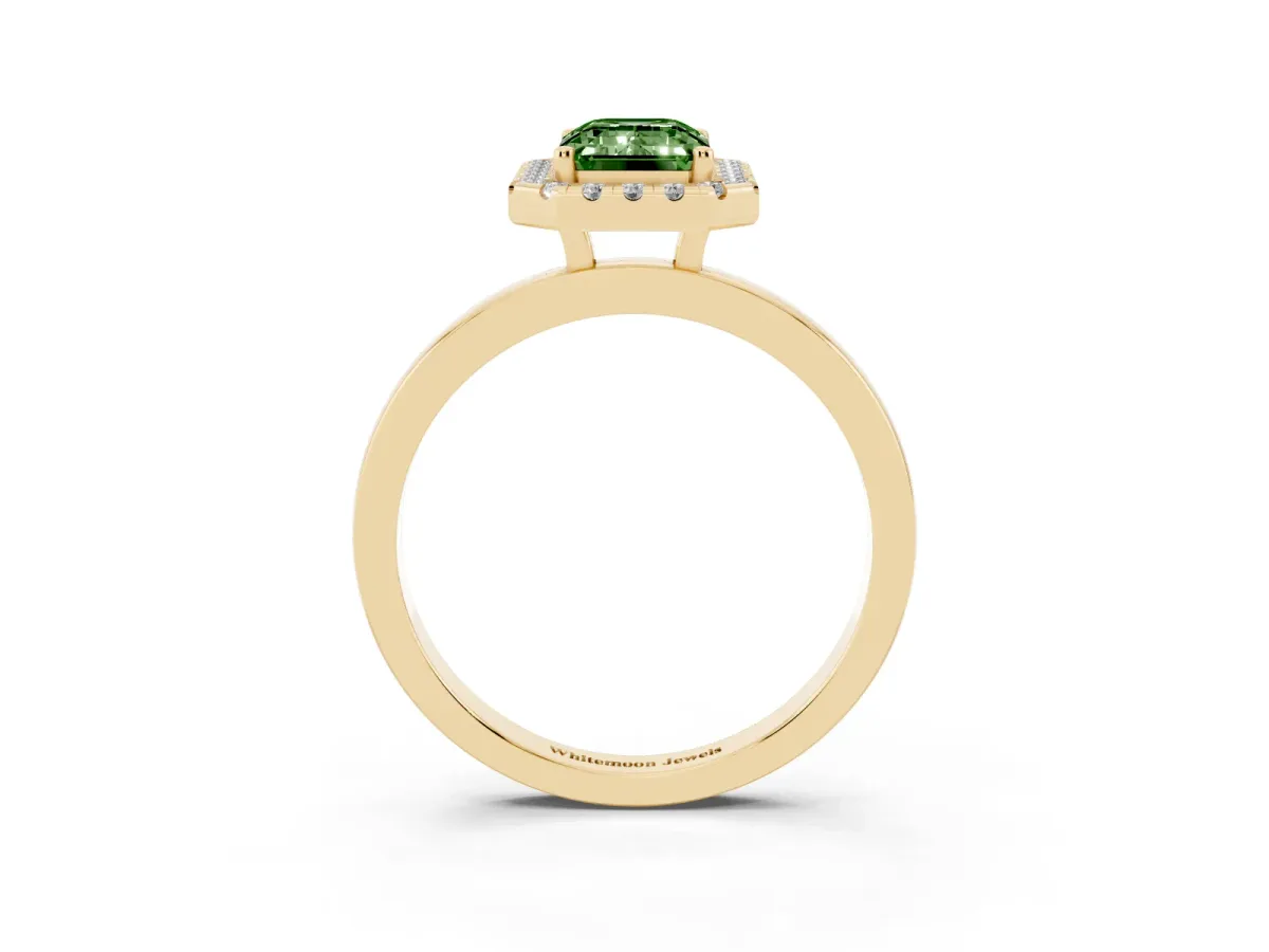 Fancy Green Emerald Cut Halo Diamond Solitaire with Pavé Band and Four-Prong Setting Yellow gold