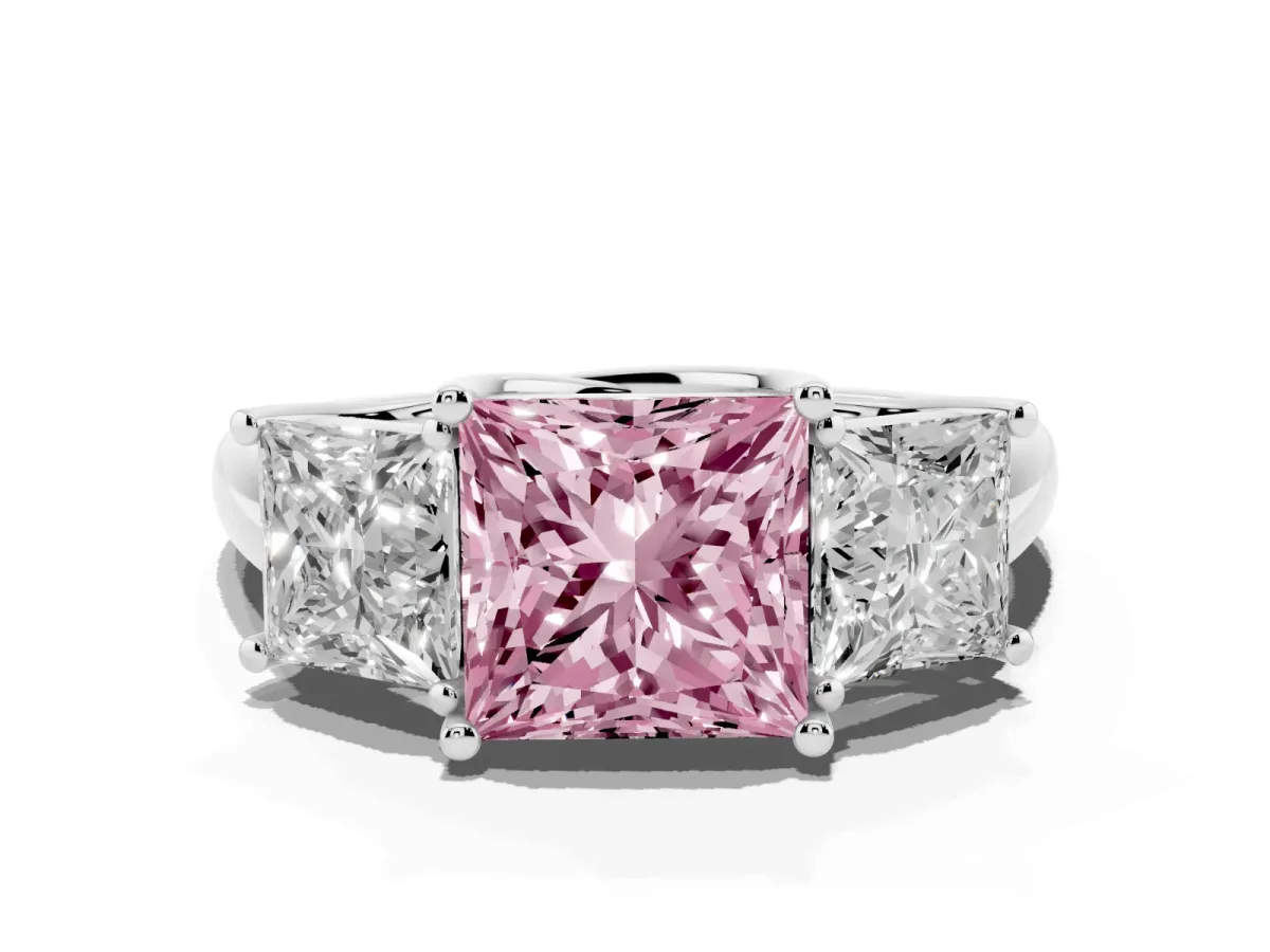 Fancy Pink Three-Stone Princess Cut Diamond Engagement Ring with Prong Setting White gold