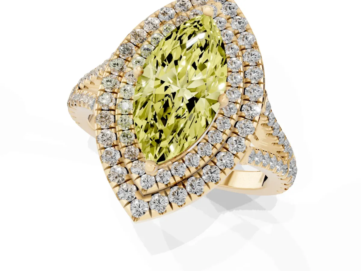 Fancy Yellow Marquise Cut Diamond Double Halo Ring with Pavé Band and Prong Setting Yellow gold