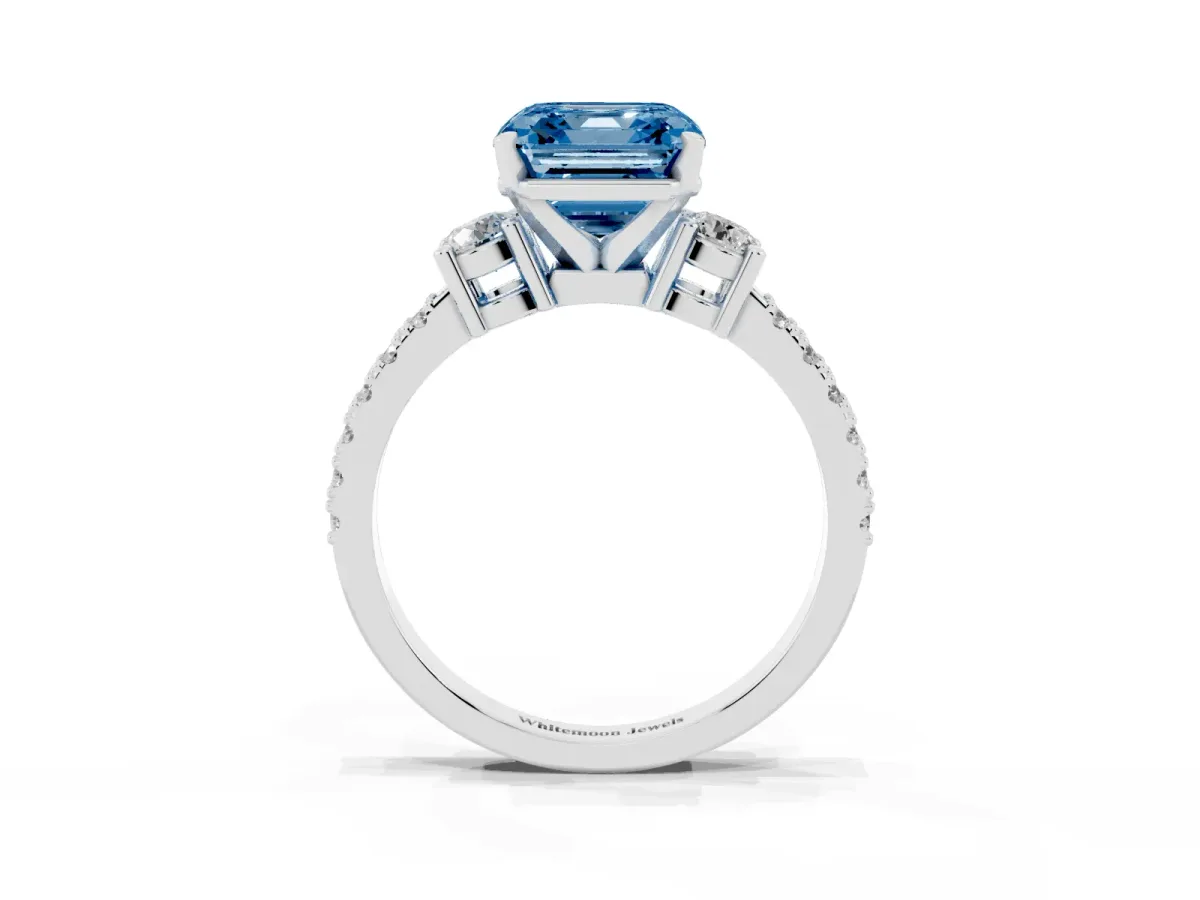 Fancy Blue Asscher Cut Three-Stone Diamond Pavé Band with Prong Setting Silver