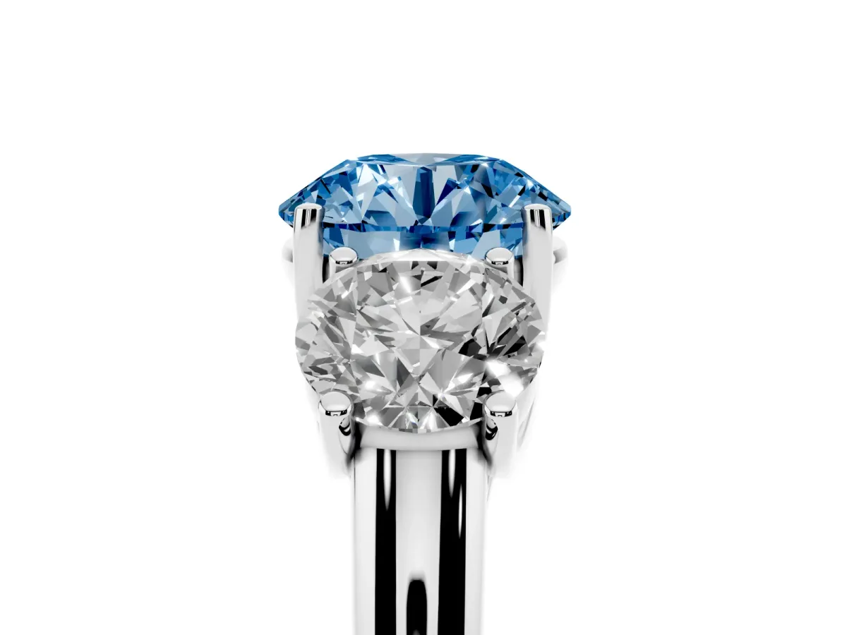 Fancy Blue Three-Stone Round Cut Diamond Engagement Ring with Prong Setting Silver