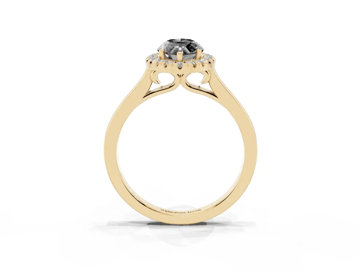Fancy Black Marquise Cut Halo Round Diamond Solitaire Ring with Pavé Band and Four-Prong Setting Yellow gold