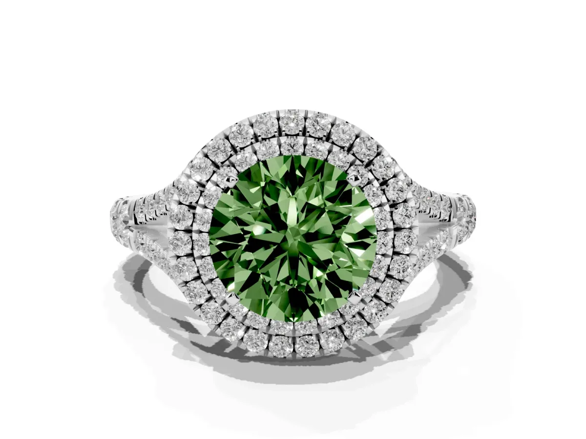 Fancy Green Round Cut Cut Double Halo Split Shank Diamond Ring with Prong Setting Silver