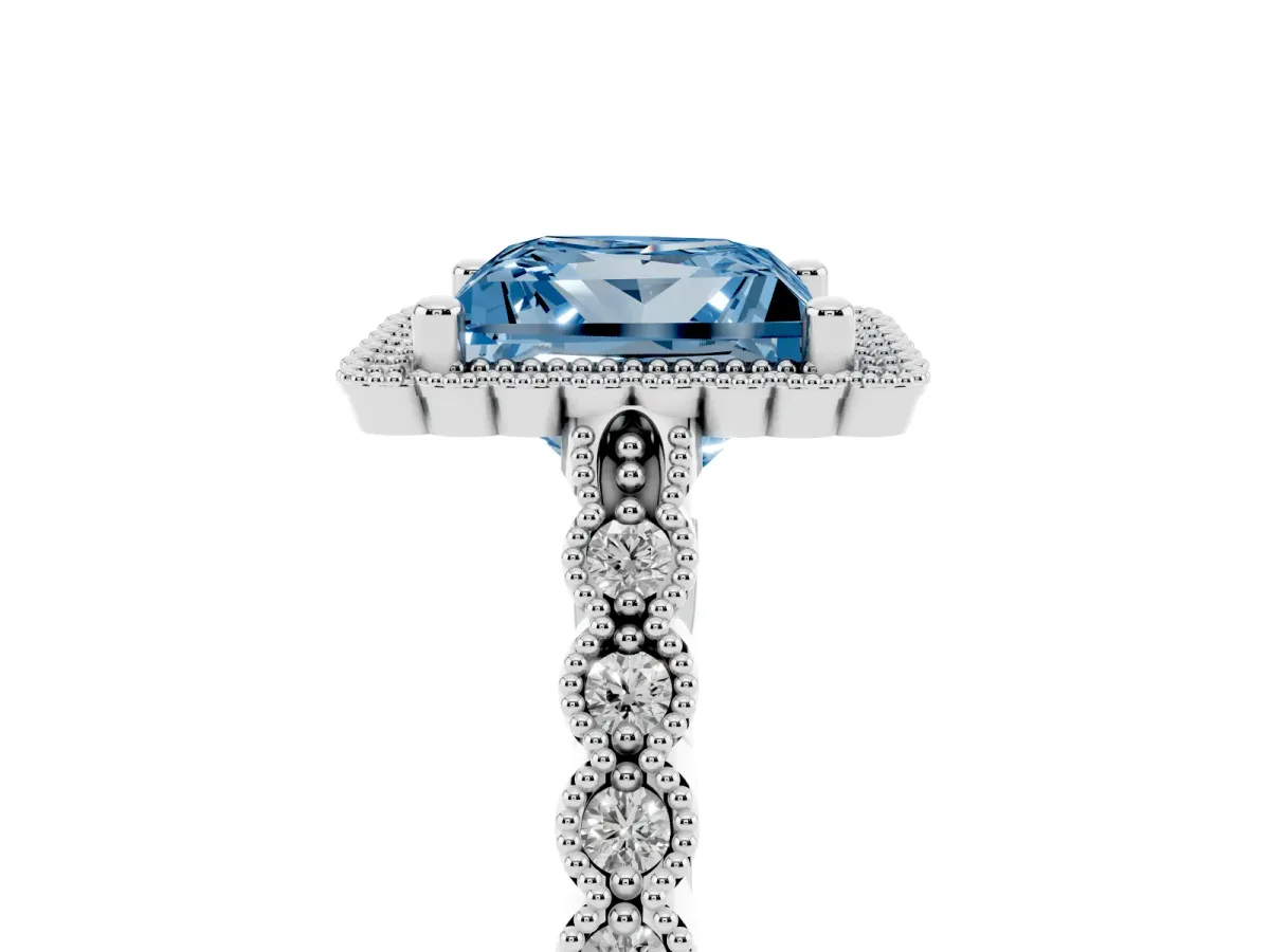 Fancy Blue Princess Cut Cut Halo Pavé Solitaire Ring with Milgrain Band White gold