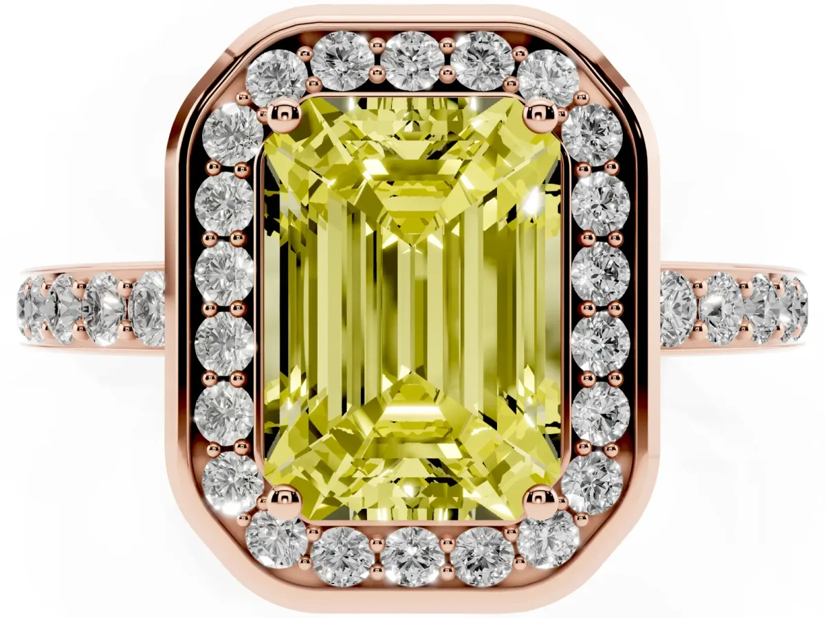 Fancy Yellow Emerald Cut Diamond Halo Ring with Bezel Frame and Pavé Band Rose gold