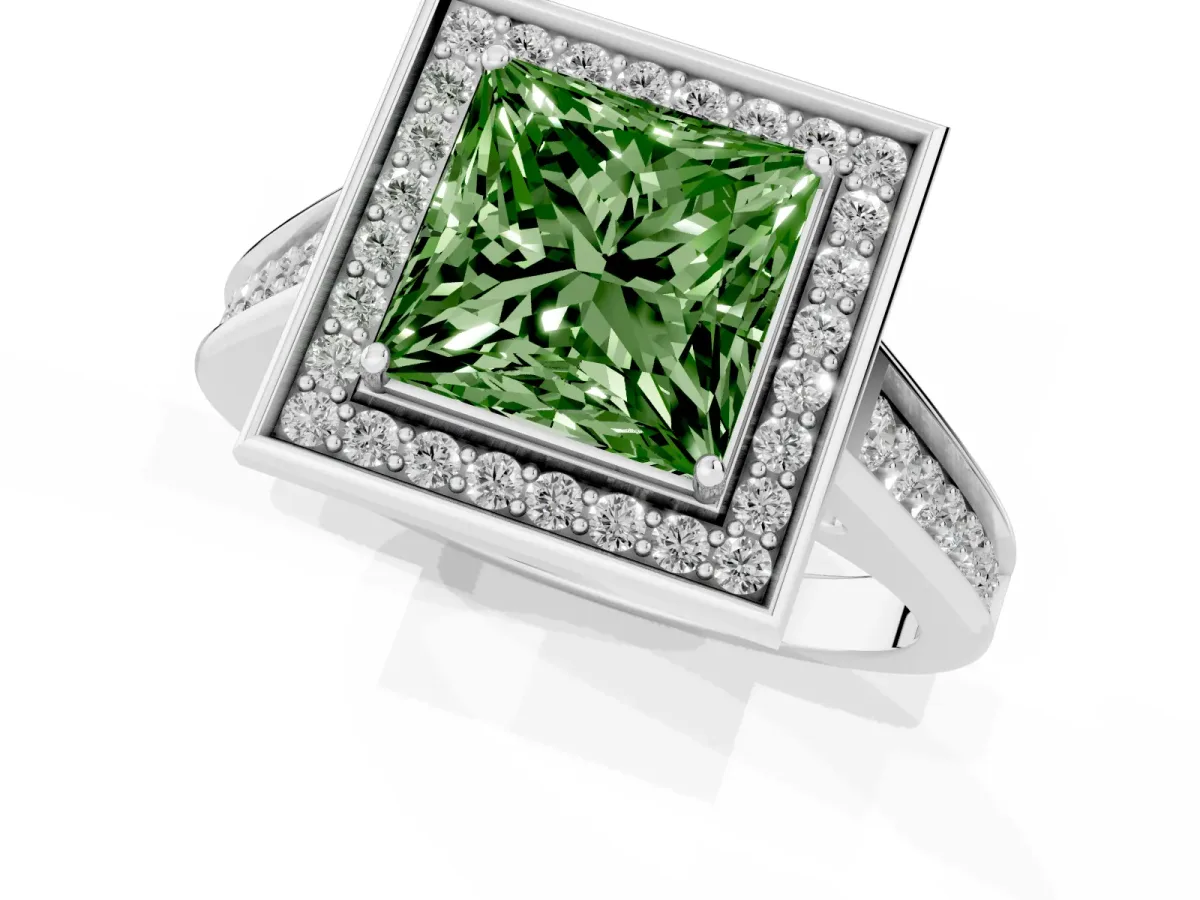 Fancy Green Princess Cut Halo Solitaire Diamond Ring with Pave Band and Bezel Setting Silver