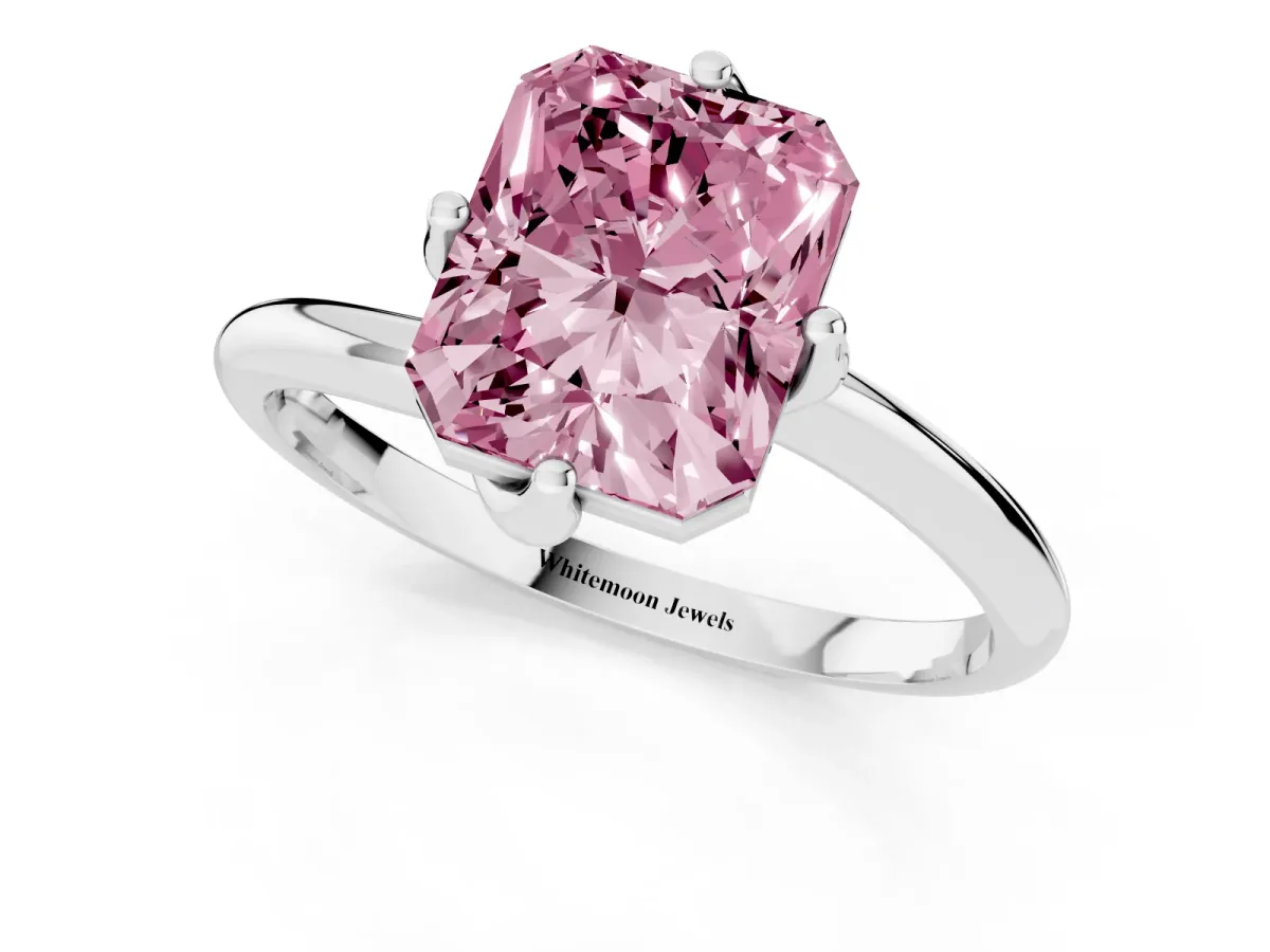 Fancy Pink Radiant Cut Diamond Solitaire Engagement Ring with Four-Prong Setting and Classic Band Silver