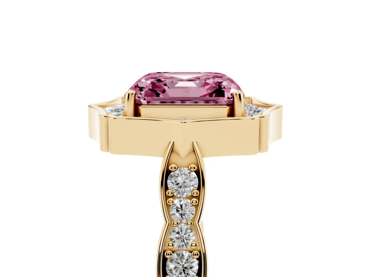 Fancy Pink Asscher Cut Halo Diamond Engagement Ring with Milgrain Band and Four-Prong Setting Yellow gold