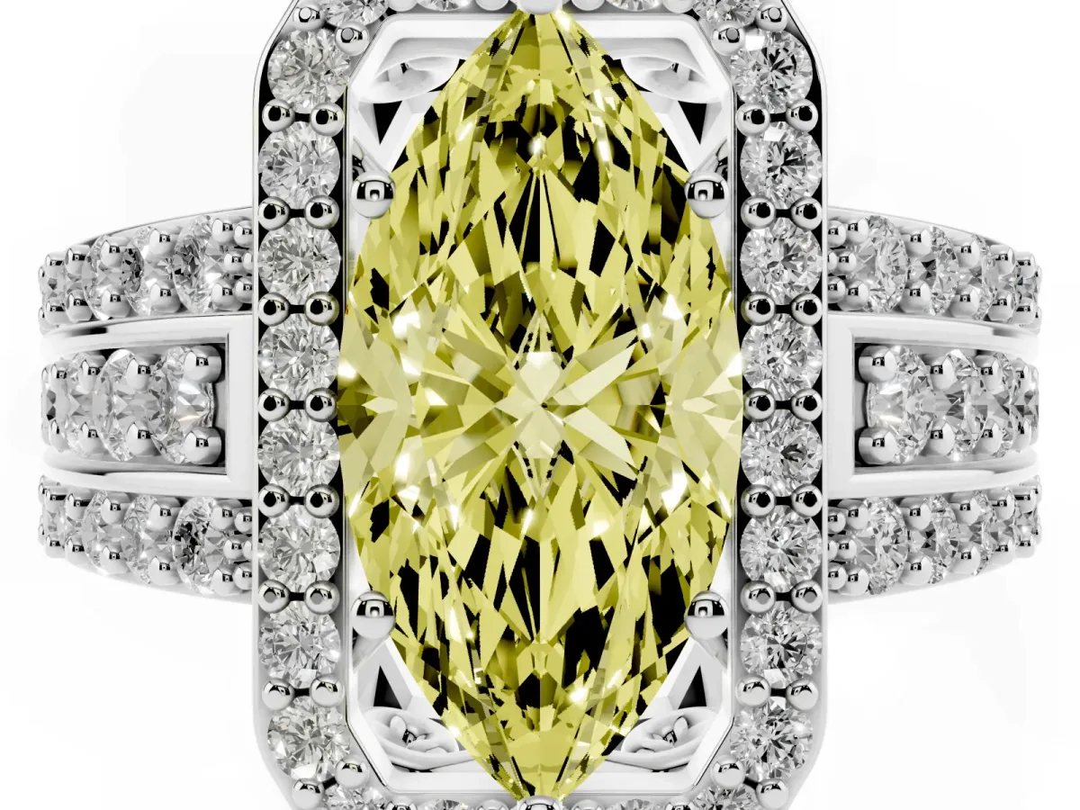 Fancy Yellow Marquise Cut Halo Diamond Ring with Round Split Shank and Prong Setting Silver