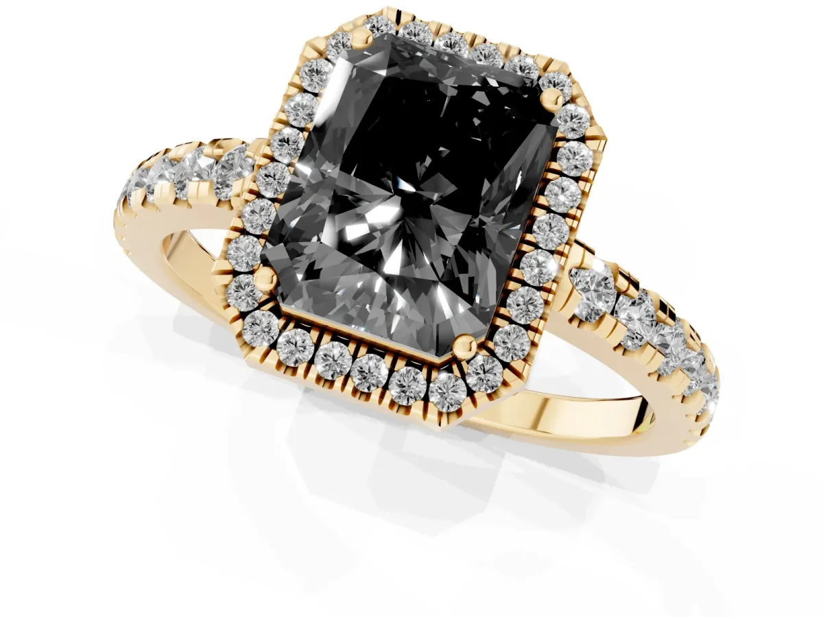Fancy Black Radiant Cut Diamond Halo Ring with Pavé Band and Four-Prong Setting Yellow gold