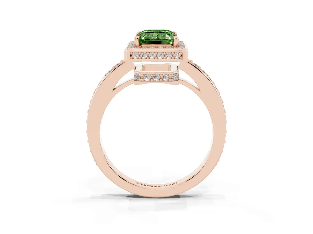 Fancy Green Emerald Cut Halo Pave Band Solitaire Ring with Prong Setting Rose gold