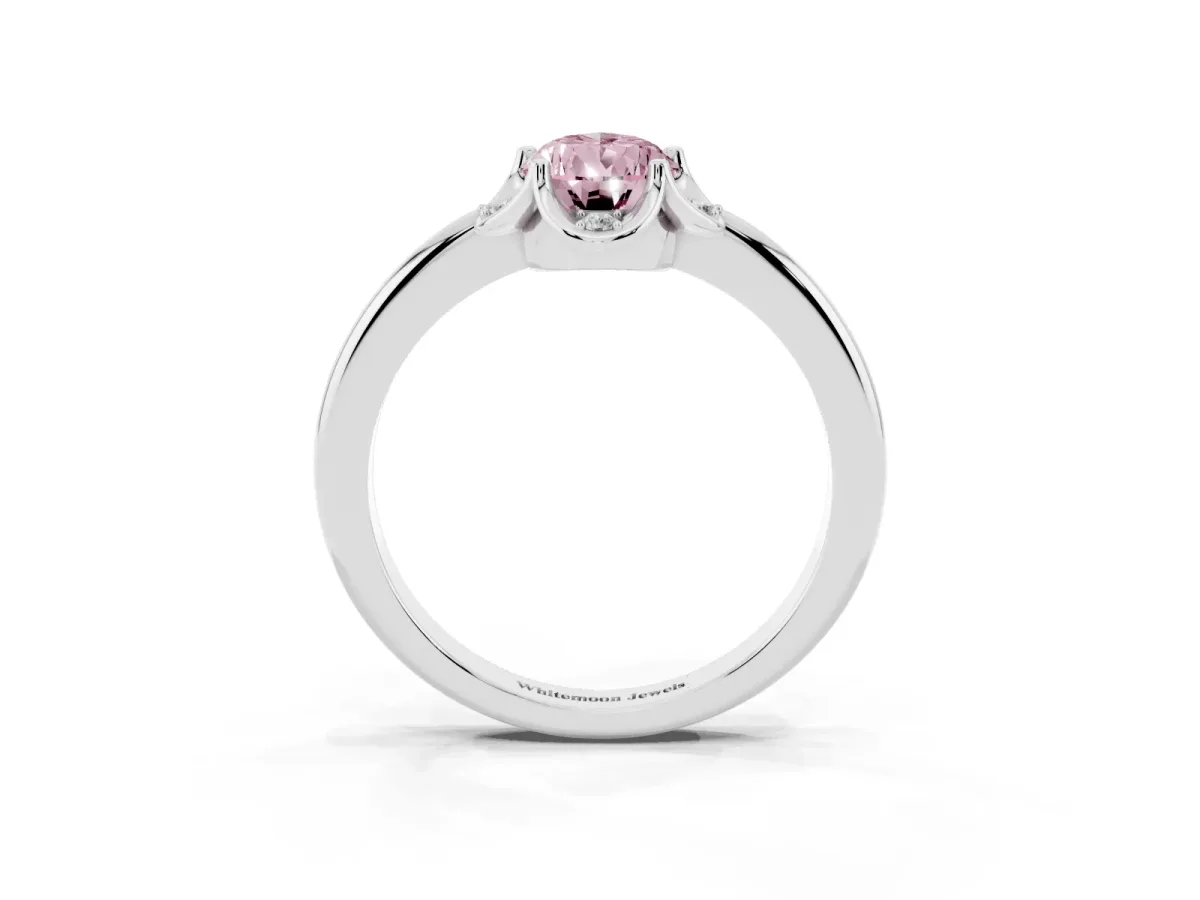 Fancy Pink Pear Cut Halo Diamond Ring with Round Cluster Setting, Solitaire Band, and Four-Prong Setting Platinum