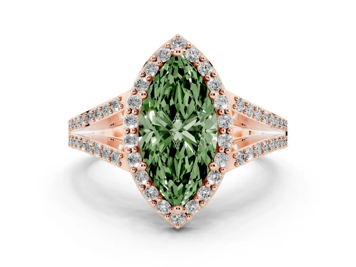 Fancy Green Marquise Cut Halo Split Shank Pave Diamond Ring with Four-Prong Setting Rose gold