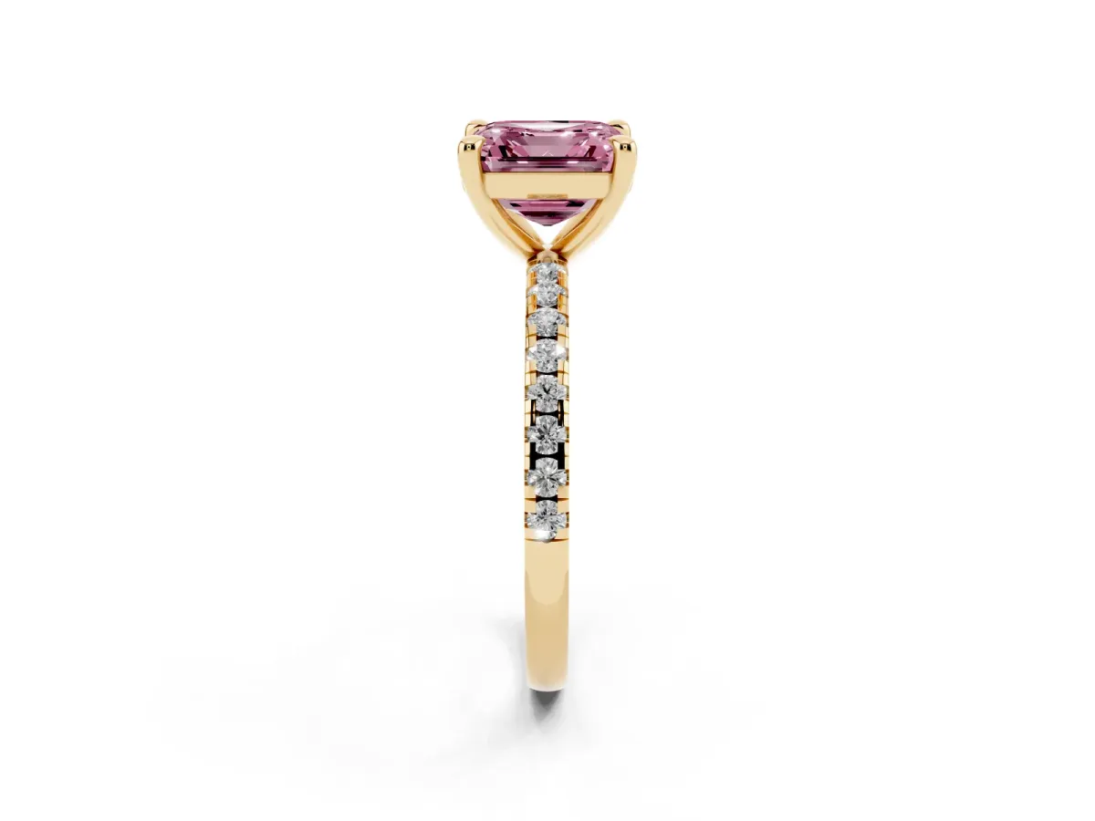 Fancy Pink Asscher Cut Diamond Brilliant Solitaire Ring with Pavé Band and Four-Prong Setting Yellow gold