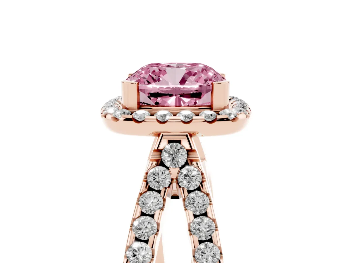 Fancy Pink Cushion Cut Diamond Halo Ring with Split Shank Pavé Band and Prong Setting Rose gold