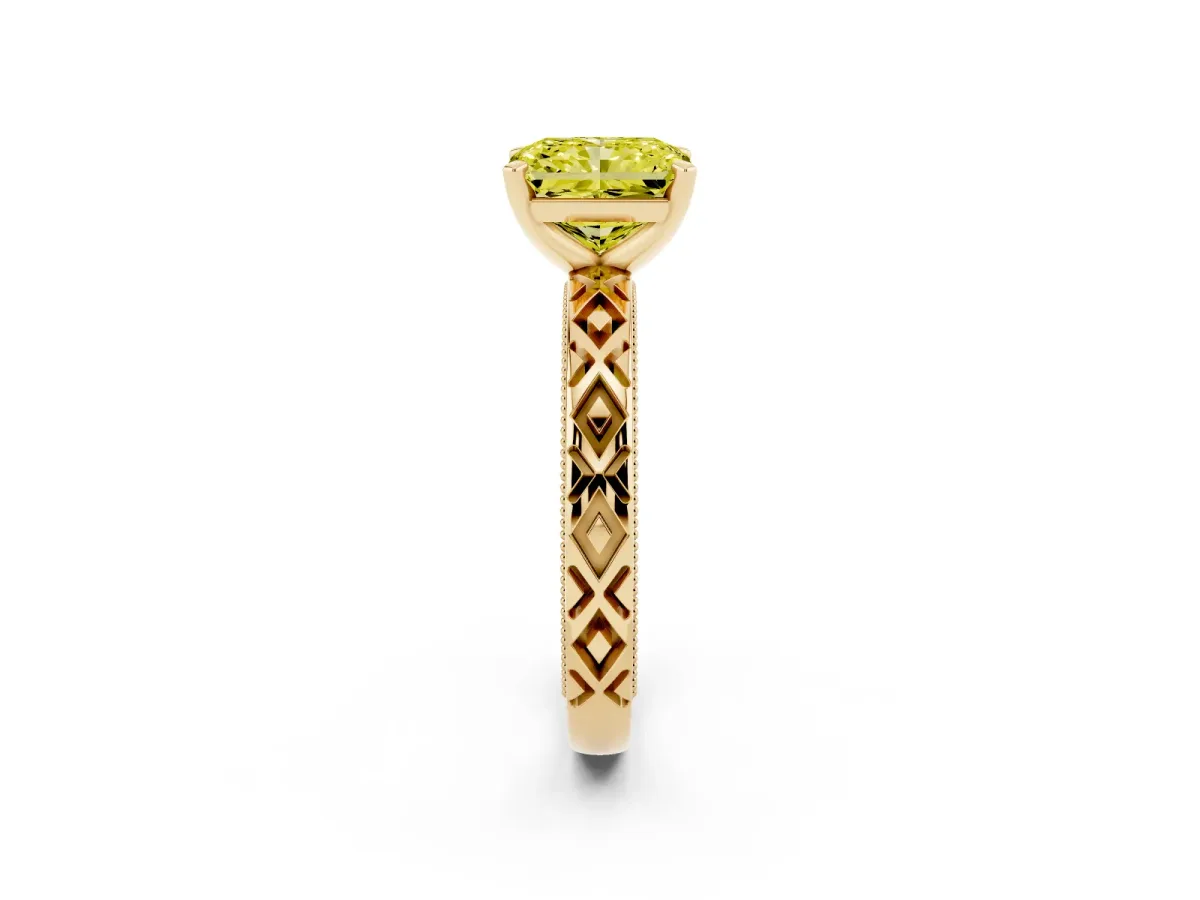 Fancy Yellow Radiant Cut Solitaire Diamond Ring with Milgrain and Black Enamel X Pattern Band Yellow gold