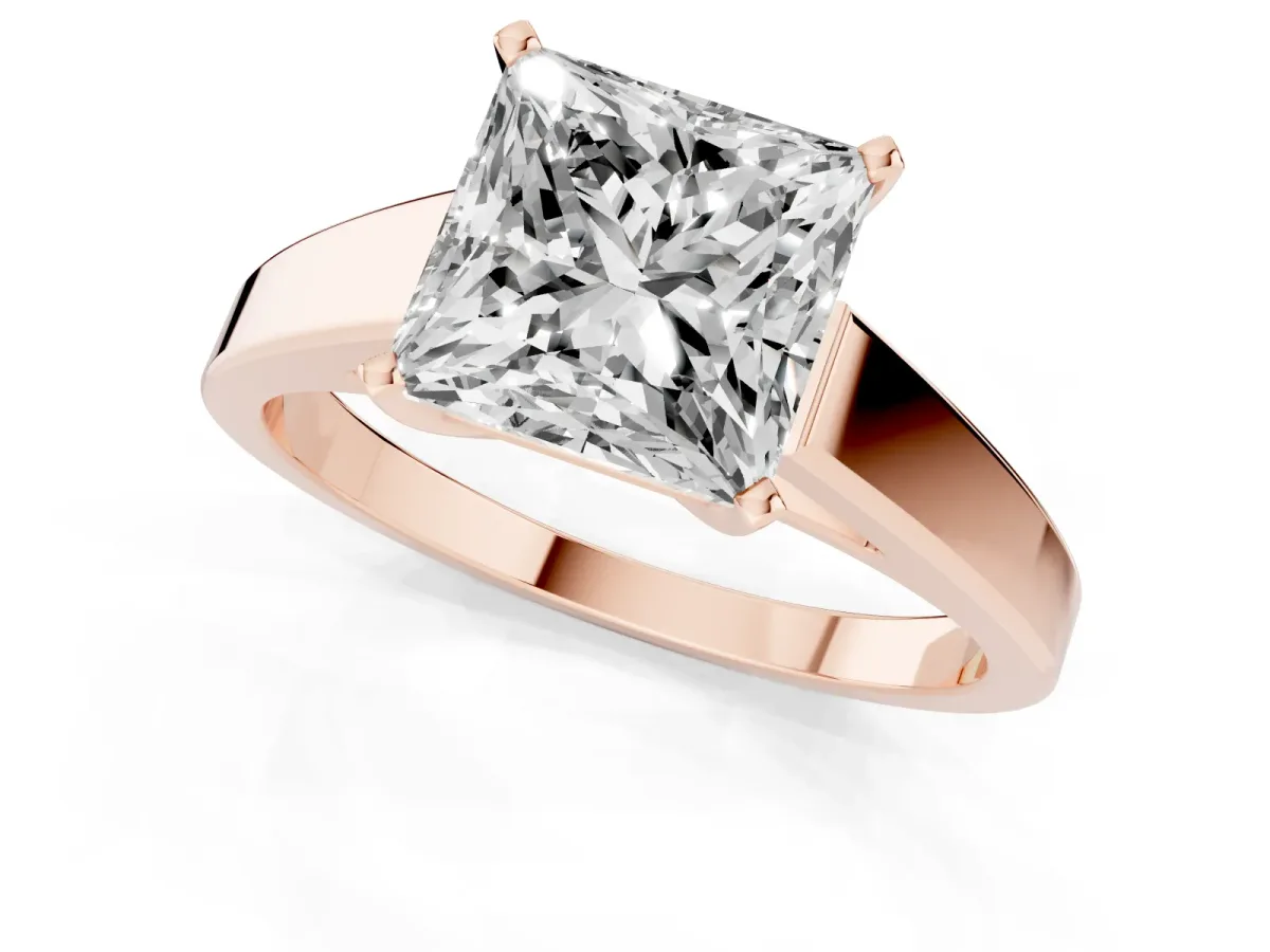 Princess Cut Solitaire Engagement Ring with Four-Prong Setting and Tapered Band Rose gold