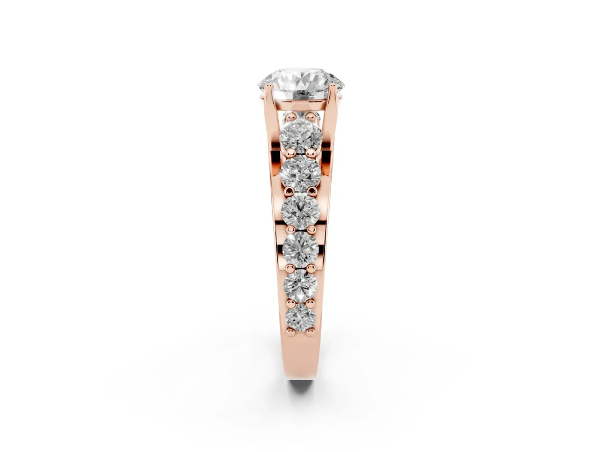 Round Cut Diamond Engagement Ring with Pavé Band and Four-Prong Setting Rose gold
