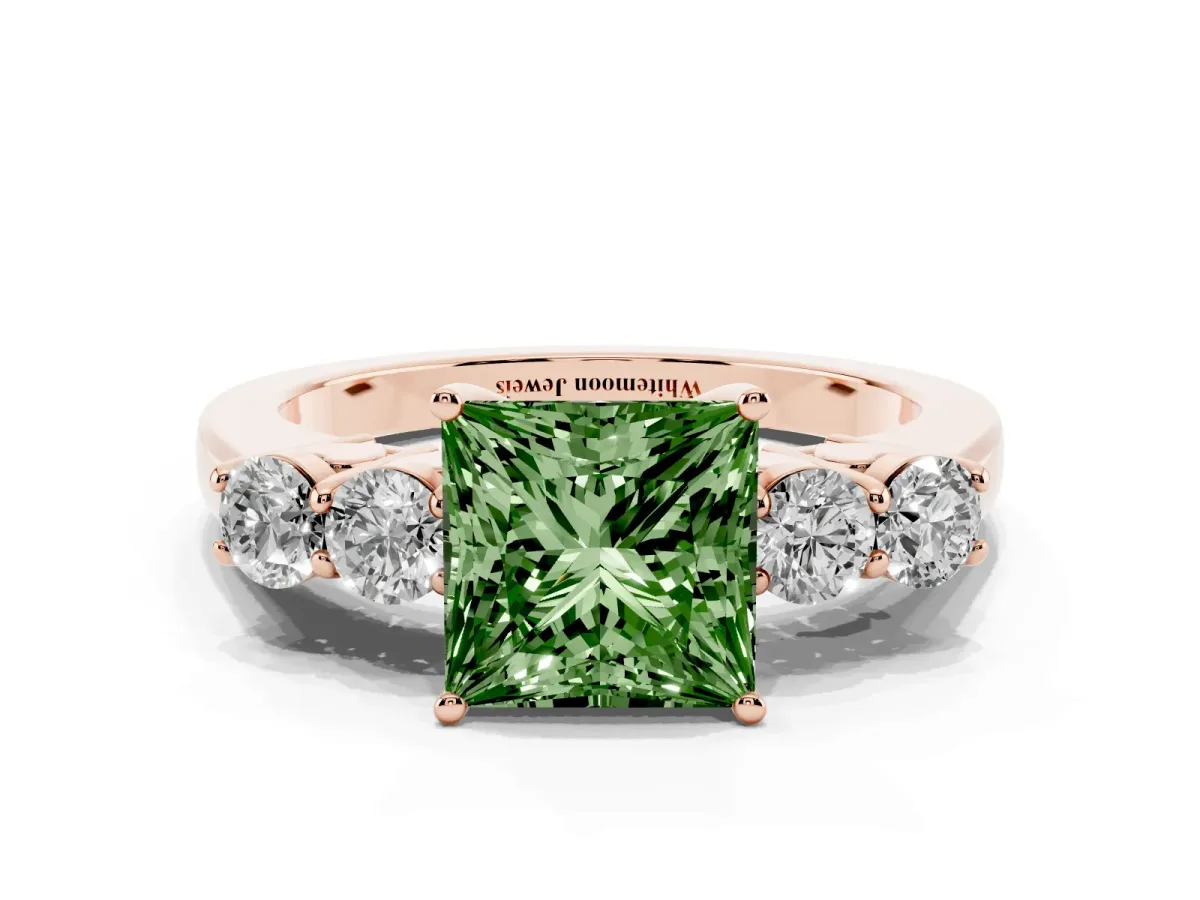 Fancy Green Princess Cut Cut Diamond Five-Stone Prong Set White Gold Ring Rose gold