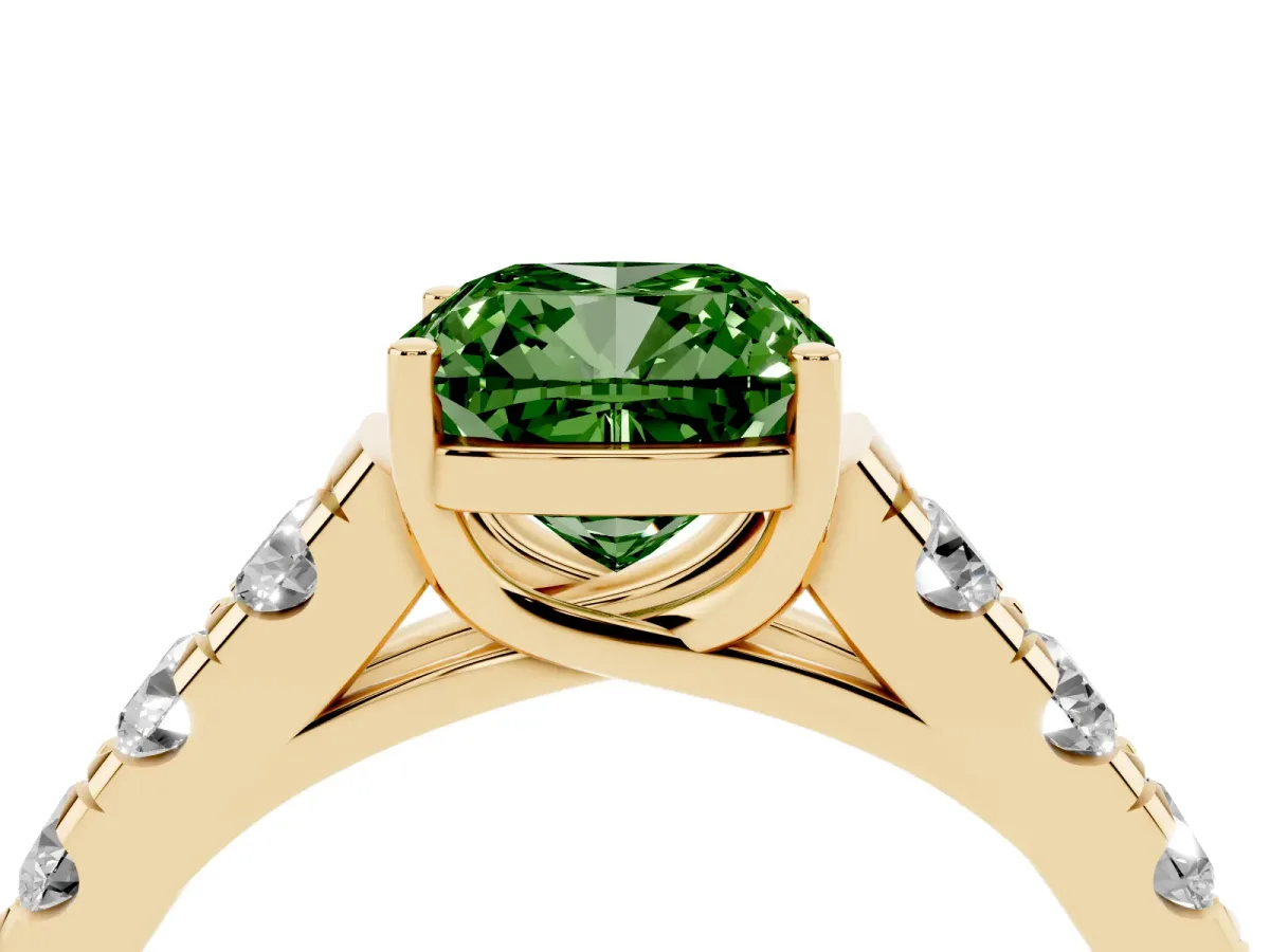 Fancy Green Cushion Cut Cut Diamond Solitaire Ring with Micro Pave Band and Prong Setting Yellow gold
