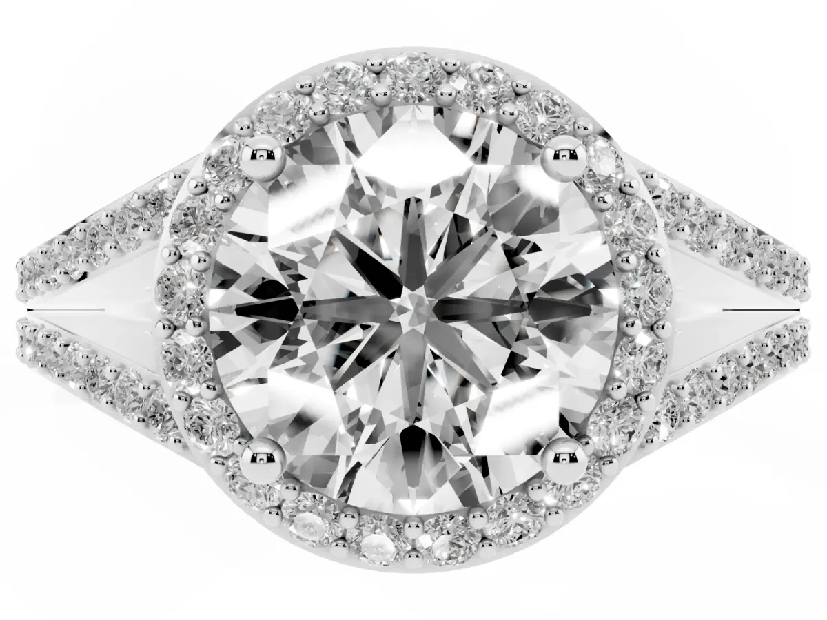 Round Cut Halo Split Shank Pave Diamond Ring with Four-Prong Setting Silver