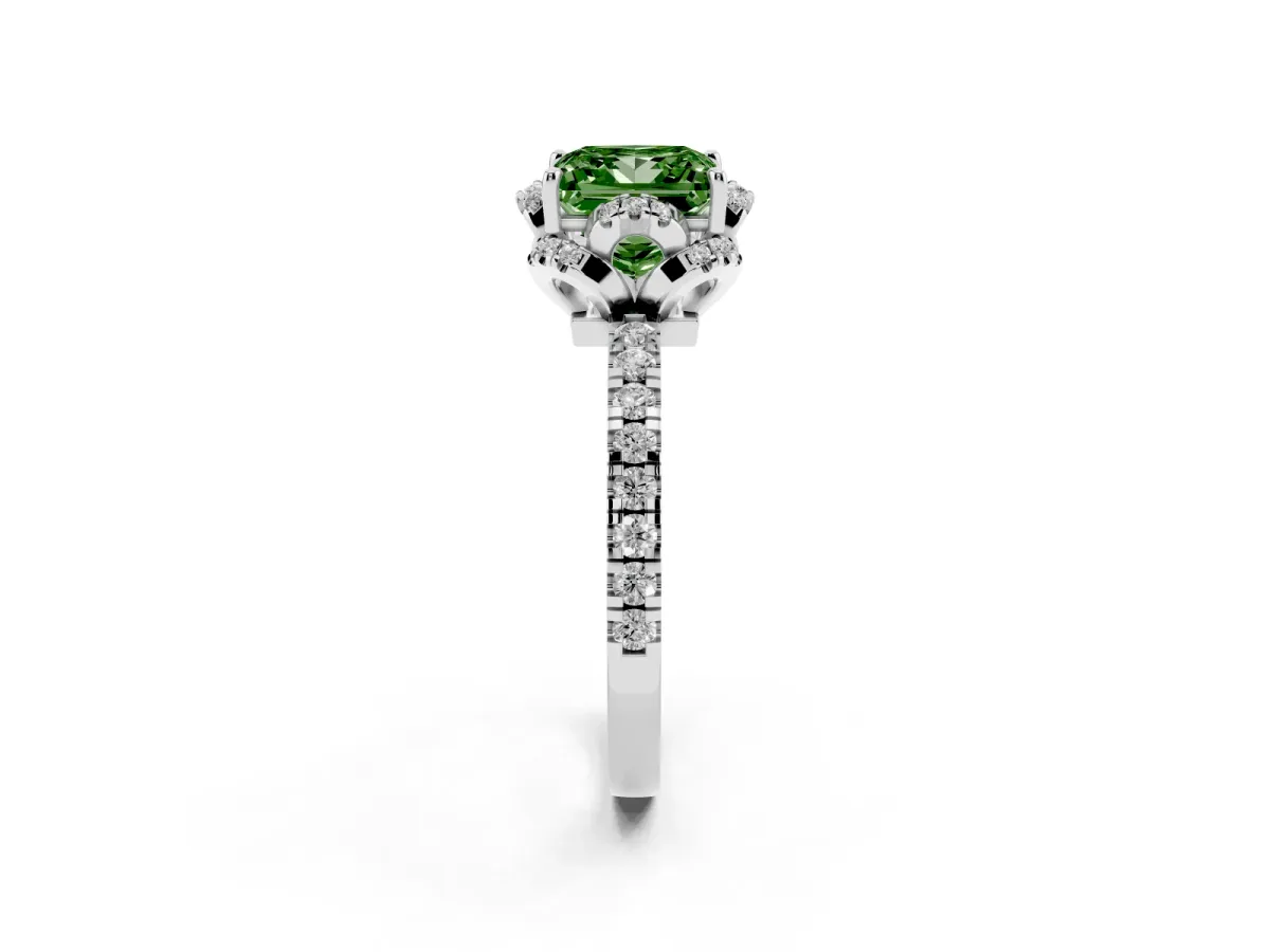Fancy Green Princess Cut Diamond Halo Pave Band with Four-Prong Setting Platinum