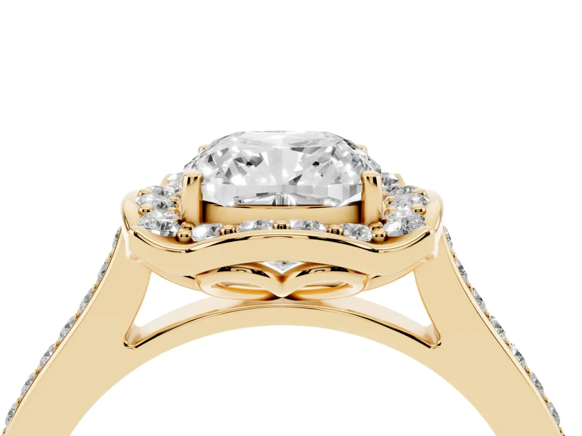 Cushion Cut Halo Round Diamond Pave Band with Four-Prong Setting Yellow gold