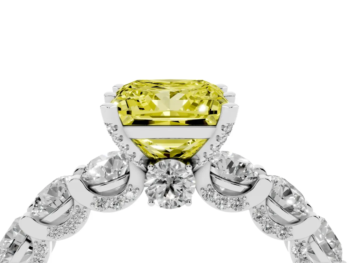 Fancy Yellow Princess Cut Diamond Side Stone Engagement Ring with Four-Prong Setting Platinum
