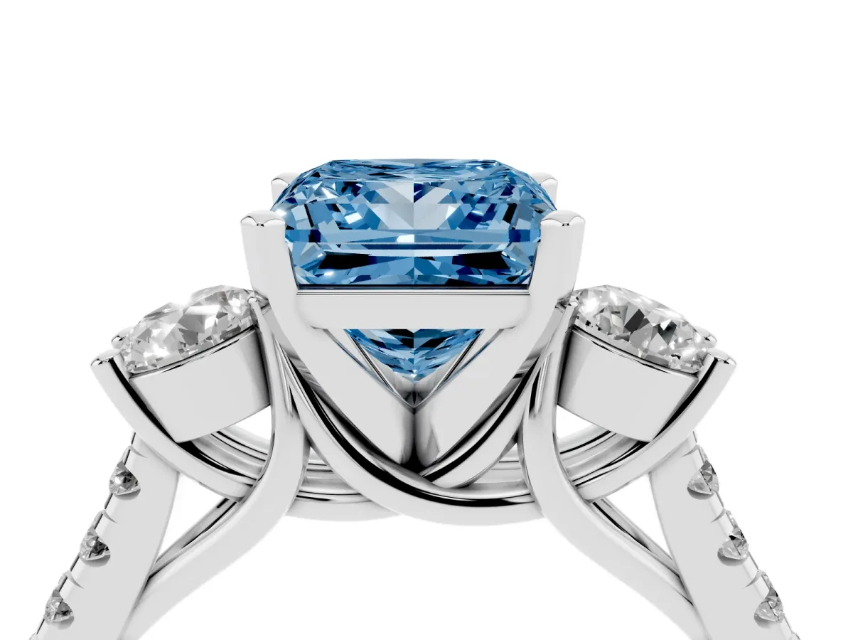 Fancy Blue Three-Stone Princess Cut Diamond Pavé Band with Four-Prong Setting Silver
