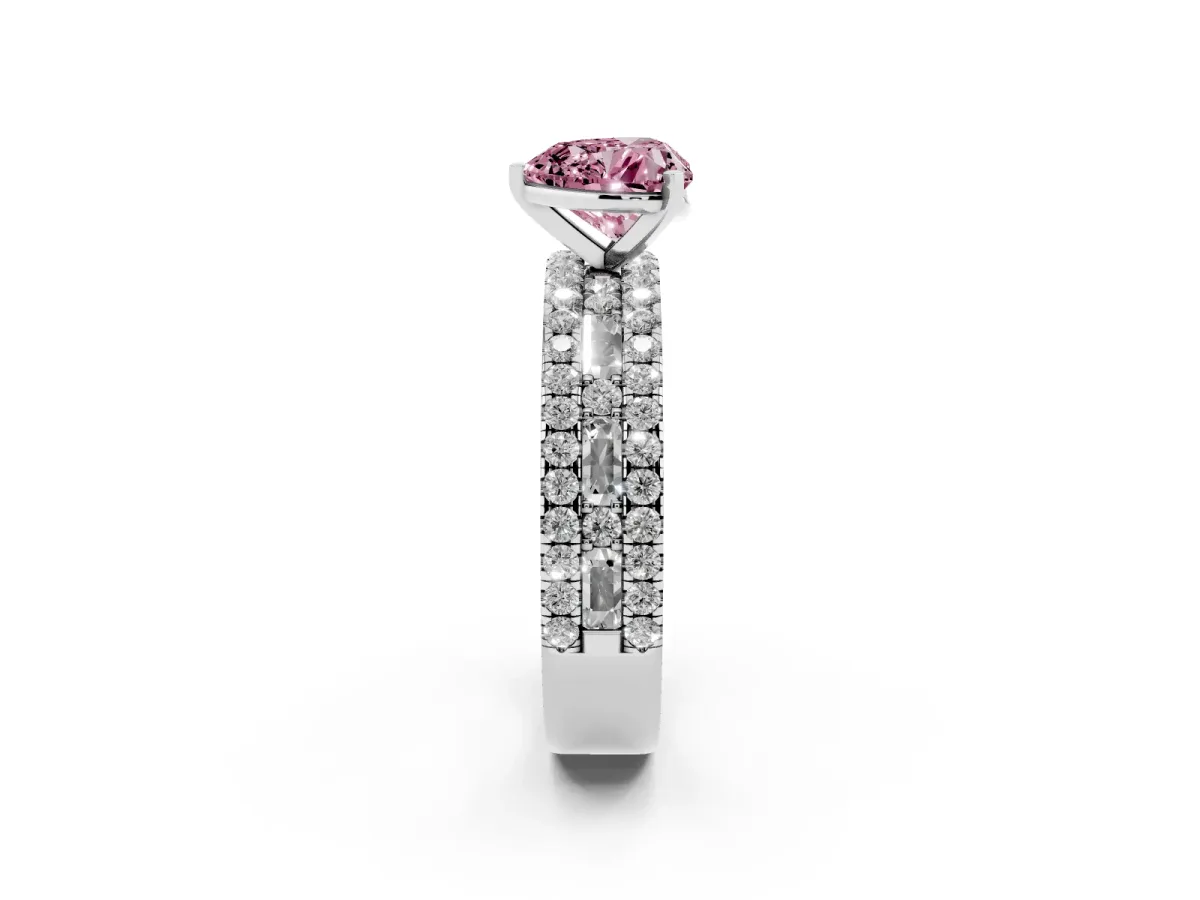 Fancy Pink Heart Cut Diamond Solitaire Ring with Pavé and Channel Set Band White gold