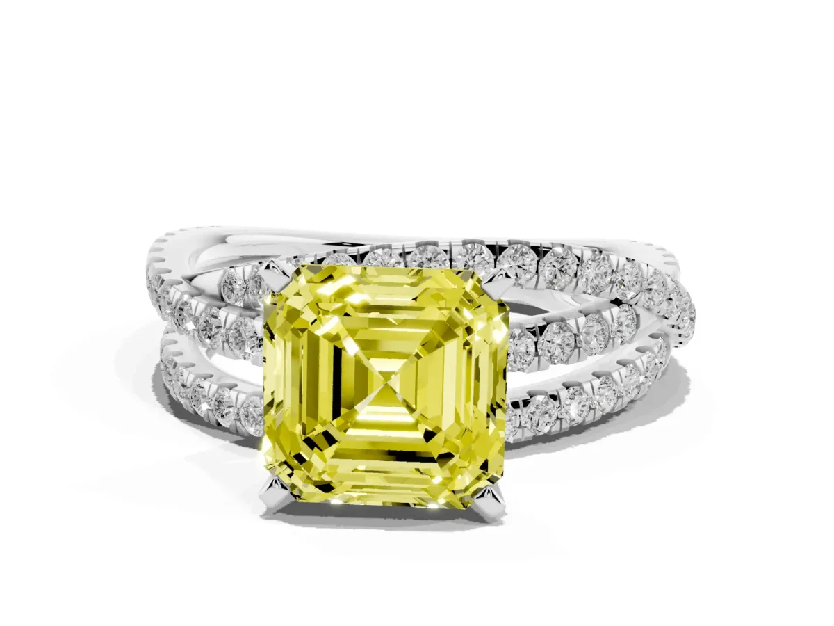 Fancy Yellow Asscher Cut Solitaire Twist Band with Pavé Setting and Four-Prong Setting Silver
