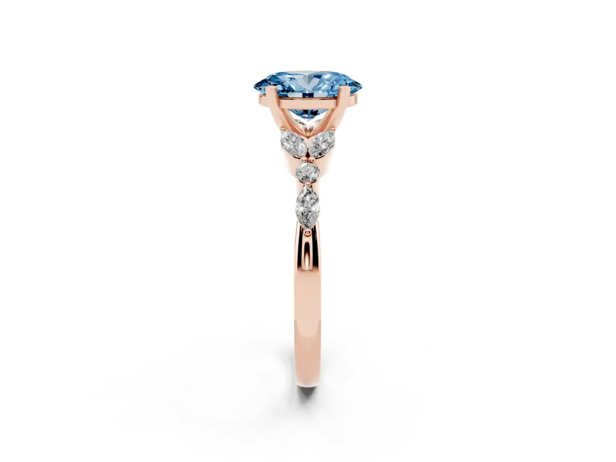 Fancy Blue Oval Cut Diamond Solitaire Ring with Side Stones and Four-Prong Setting Rose gold