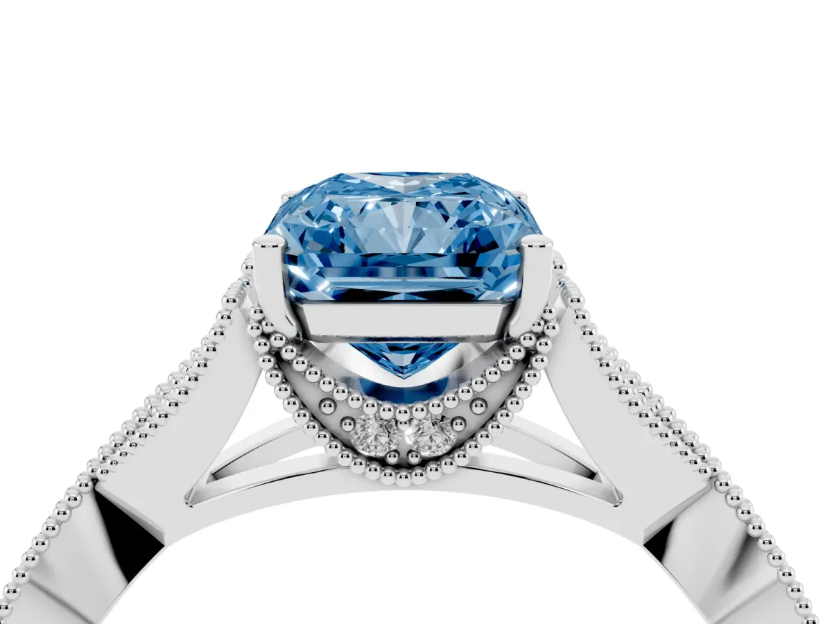 Fancy Blue Radiant Cut Cut Diamond Twisted Band with Milgrain Pave Setting and Four-Prong Setting Silver