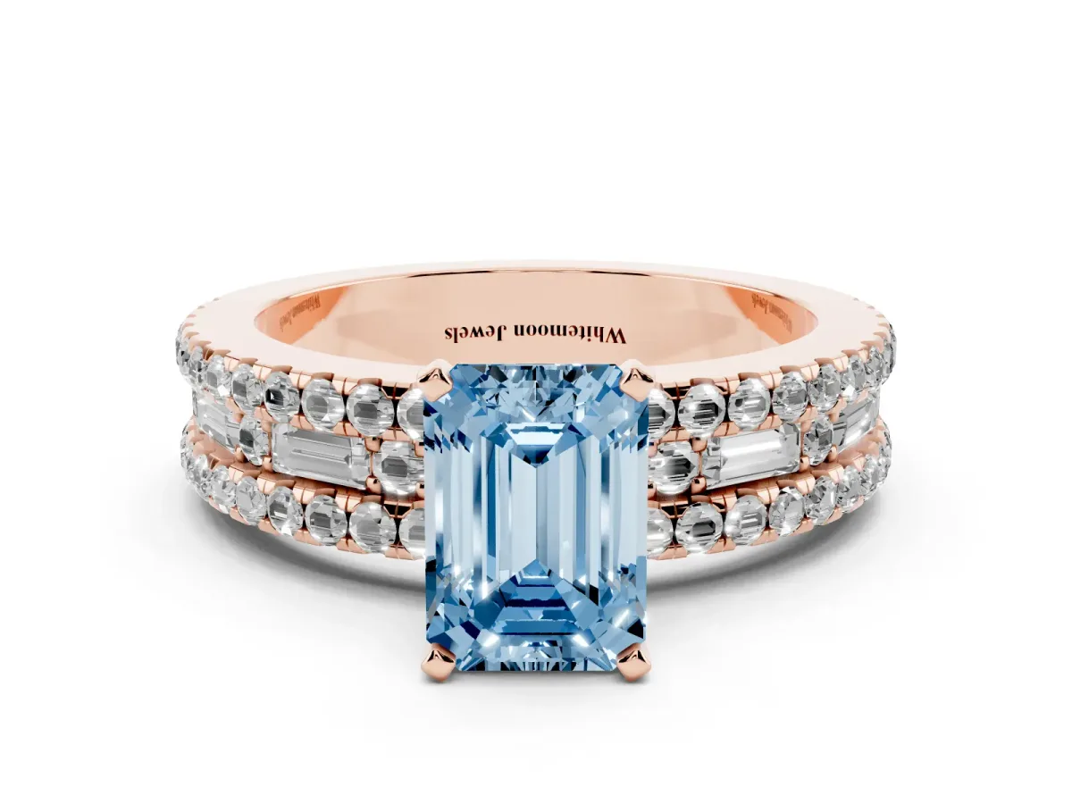 Fancy Blue Emerald Cut Diamond Solitaire Ring with Pavé and Channel Set Band Rose gold