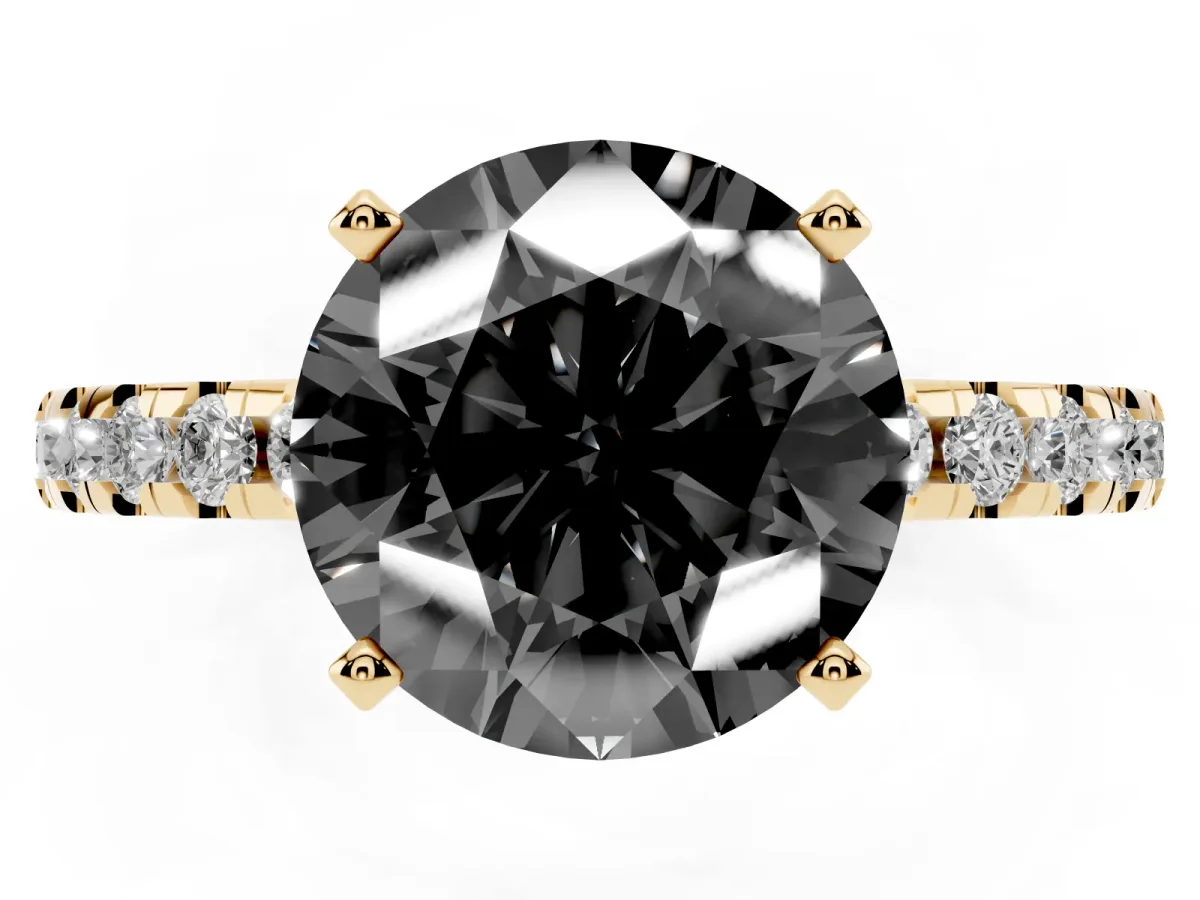 Fancy Black Round Cut Diamond Solitaire Ring with Round Pavé Band and Four-Prong Setting Yellow gold