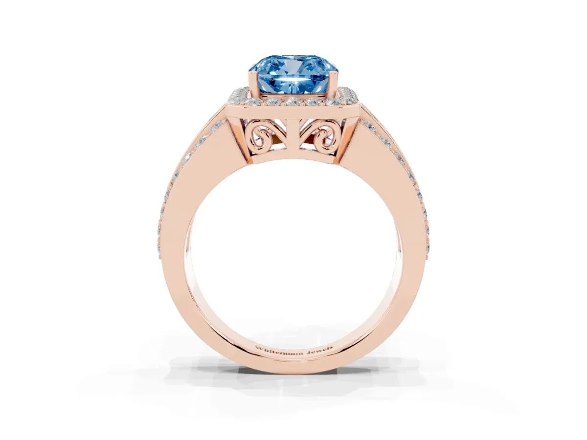 Fancy Blue Cushion Cut Halo Diamond Ring with Round Split Shank and Prong Setting Rose gold