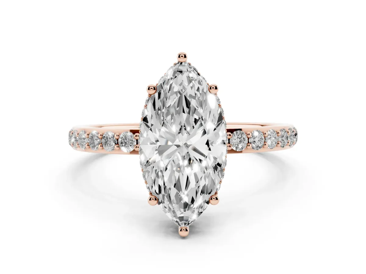 Marquise Cut Diamond Solitaire Ring with Pavé Band and Hidden Halo Rose gold